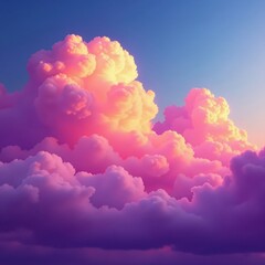 Fototapeta premium Fluffy cumulus clouds at sunset Vibrant pink & purple hues , bright, weather, calm