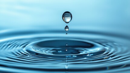 Fresh water droplets falling into clear blue ripples nature closeup tranquil environment macro viewpoint