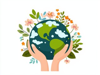 Eco-Friendly Sustainability Zero Waste & Conservation. Hands holding a globe surrounded by colorful flowers and leaves, symbolizing environmental care.