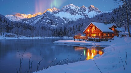 Fototapeta premium Cozy cabin by a serene lake under the aurora borealis, surrounded by snow-covered mountains at dusk