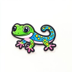 Naklejka premium Colorful cartoon gecko illustration with vibrant patterns and cheerful expression on a white background