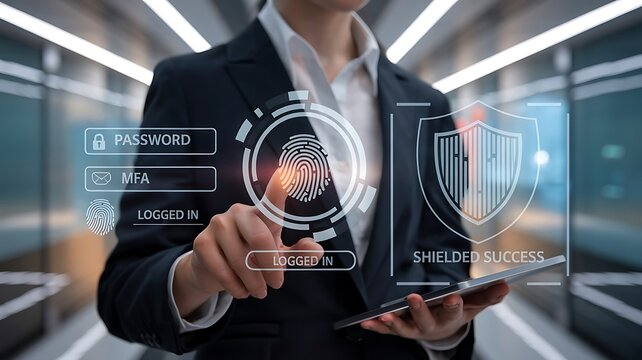 businessman pressing virtual button MFA, multi factor authentication. cloud computing concept, cloud technology, Saas, Paas, Iaas. AWS Services	