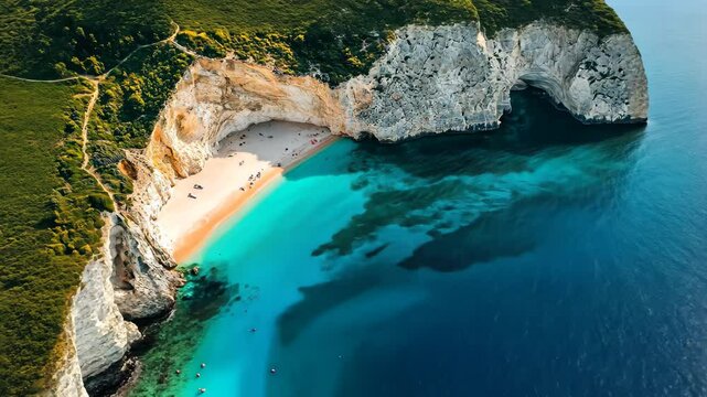 Aerial view of Gerakas beach showcasing turquoise waters and sandy shores in Zakynthos, Greece during daylight, Gerakas beach in Zakynthos island in Greece aerial view