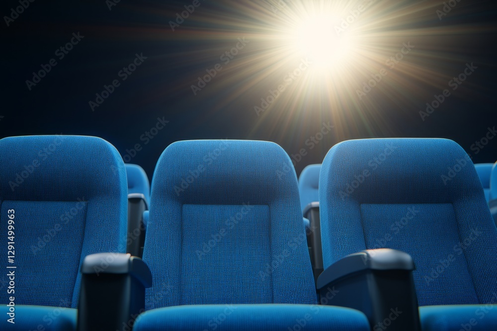 Aufkleber silhouette of empty blue cinema interior with rows of unoccupied seats and a soft blue light, captur