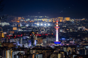 Nightscape view of Japanese city center with lights from modern buildings