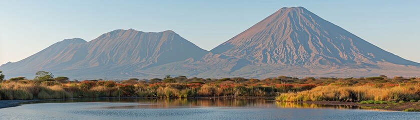 Naklejka premium Scenic view of majestic mountains reflecting on calm water, surrounded by lush greenery and clear blue skies.