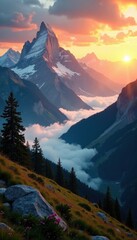Obraz premium Golden sunrise paints alpine peaks, mist-shrouded valley below, texture, dawn, breathtaking