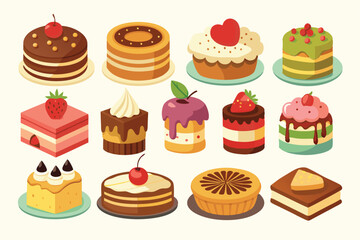 Vector illustration of different types of beautiful modern Delicious Cake Icons Collection - Modern Desserts & Pastries
