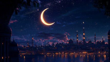 Naklejka premium A tranquil Ramadan night with the crescent moon shining over a peaceful cityscape. 