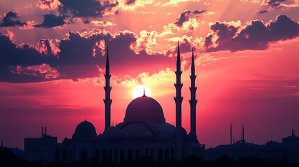 A tranquil sunset over a mosque, symbolizing the time to break the fast during Ramadan. 