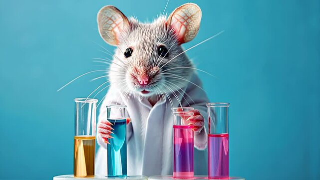 A scientifically-themed concept featuring a curious white mouse wearing a lab coat, handling colorful test tubes filled with liquid. Scientific research, medical experiments, genetics, laboratory