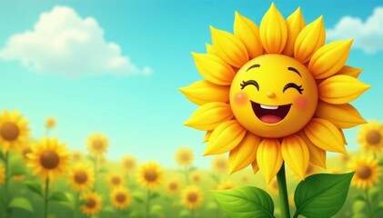 Happy cartoon sunflower, bright yellow petals, smiling face, plant, sunflower