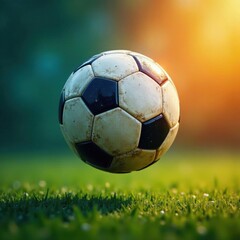 Fototapeta premium Grunge textured soccer ball mid-air, dynamic motion blur , royalty free, high resolution, abstract