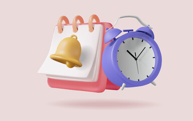 3d vector of Calendar icon with bell notification and alarm clock. Business planning, Appointment, Work planning, Meeting planner, Office deadline,  Agenda. Planning concept. illustration, Eps 10