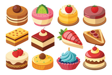 Vector illustration of different types of beautiful modern Delicious Cake Icons Collection - Modern Desserts & Pastries