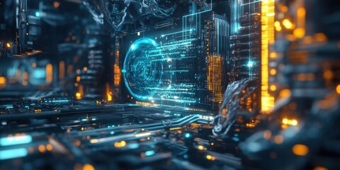 A quantum AI computer visualized with abstract glowing waveforms and futuristic circuitry