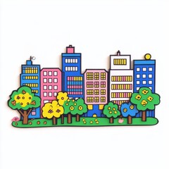 Colorful cartoon style cityscape with cheerful trees and flowers, perfect for children's projects and illustrations