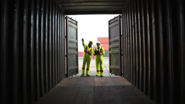 Engineers and technicians inspect the inside of containers and order repairs at the container manufacturing and storage site