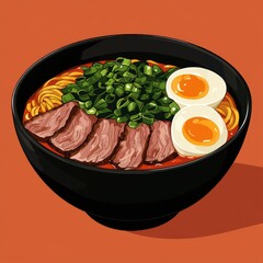 Delicious ramen bowl with beef, green onions, and soft boiled eggs
