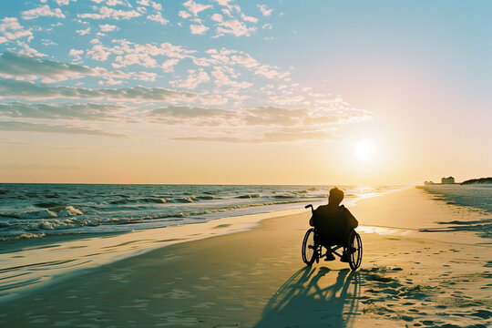 Disabled person sitting in a wheelchair on vacation. Inclusive image of a man with disability on the beach breathing fresh sea air, inclusion and diversity at summer