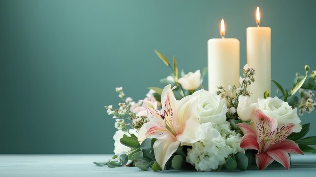 Two Lit Candles and Flowers Present on a Table