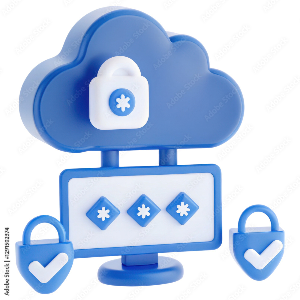 Poster A stylized cloud symbol featuring a padlock and a secure display with three icons, representing cloud security and data protection.