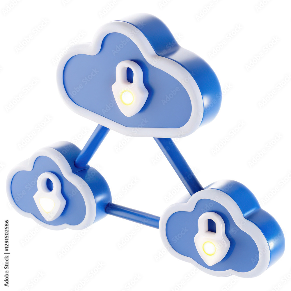 Poster A stylized representation of interconnected clouds with padlocks, symbolizing cloud security and data protection.
