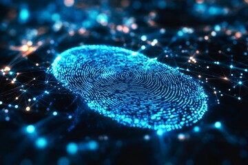 Hyper realistic digital fingerprint scan illuminated in neon blue on a futuristic background