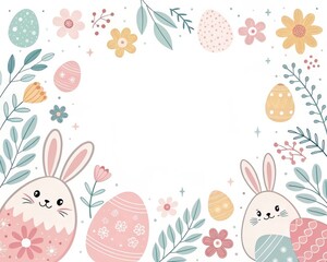 a charming easter illustration, featuring decorated eggs, adorable bunnies, and flowers arranged around an open space. The illustration evokes feelings of joy, renewal, and the celebration of spring.