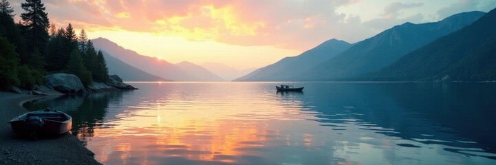 Fototapeta premium Lake Superior's tranquil waters glow, small boat at rest , picturesque, clouds, water