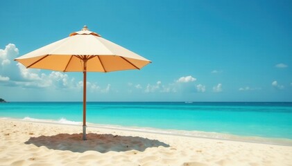 Fototapeta premium Large beach umbrella anchored in golden sand near turquoise water, golden, image, summer