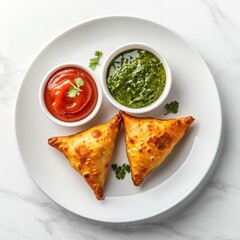 Stock photo of three samosas with chutney and ketchup