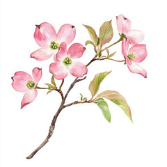 budding dogwood branch with delicate pink blossoms and green leaves, showcasing beauty of spring. soft colors and intricate details evoke sense of tranquility and renewal