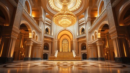 Obraz premium Grand Palace Interior: Golden Architecture, Marble Floors, and Crystal Chandelier