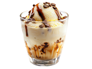 A creamy dessert featuring vanilla ice cream topped with chocolate syrup and coffee beans in a clear glass.