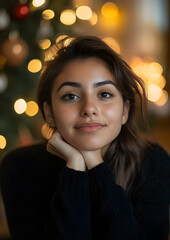 Portrait of a Hispanic Woman with Her Left Hand on Her Chin