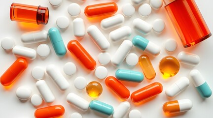 The image features a variety of colorful pills and capsules scattered across a surface, showcasing different shapes, sizes, and colors, typical of pharmaceutical products.  