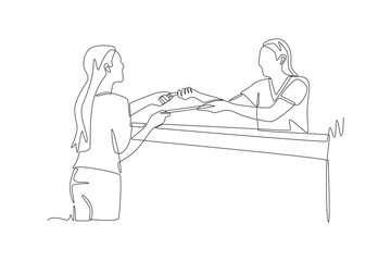 Checking in with clinic reception concept one-line drawing