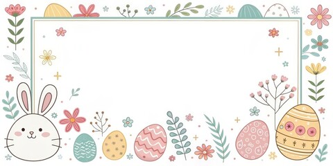Fototapeta premium Easter-themed frame decorated with eggs, bunny, and floral elements, creating a festive spring season design
