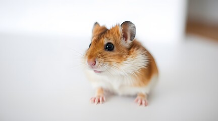 A cute hamster with orange and white fur sitting calmly, showcasing its playful and curious nature in a bright studio setting.  