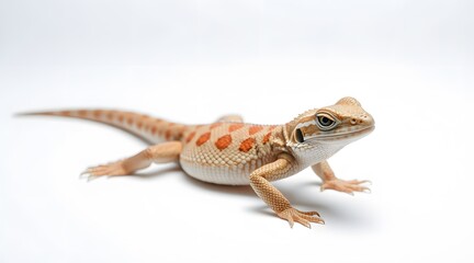 Naklejka premium A stunning close-up of a vibrant orange-spotted lizard, showcasing its unique features and smooth scales, highlighting the beauty of reptiles in a simple, clean environment. 