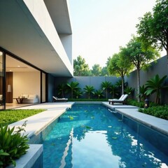 Modern geometric pool, minimalist landscaping, zen, shapes