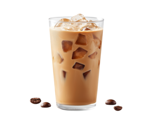 A refreshing glass of iced coffee with ice cubes and rich brown color, showcasing a delicious beverage.