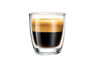 A glass of espresso showcasing rich layers of crema and dark coffee.