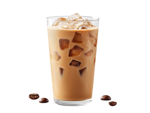 A refreshing glass of iced coffee with ice cubes and rich brown color, showcasing a delicious beverage.