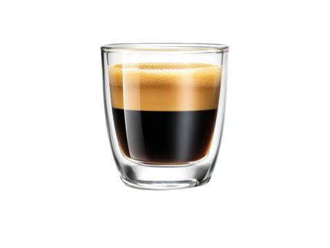 A glass of espresso showcasing rich layers of crema and dark coffee.