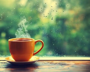 Obraz premium Steaming cup of tea on rainy windowsill.