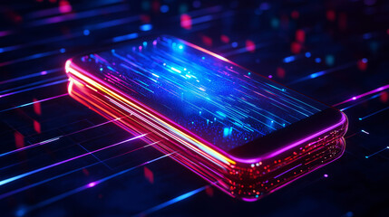 Fototapeta premium smartphone floating in a minimalist metallic environment, neon lights reflecting off its curved screen, holographic interface