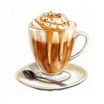 delicious caramel latte with whipped cream and syrup drizzled on top, served in clear glass cup. warm tones and creamy texture create cozy atmosphere
