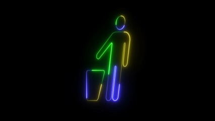 A glowing neon man with dustbin icon animation. Beggar homeless guy near trash can for concept of urban problems and poverty after crisis concept.